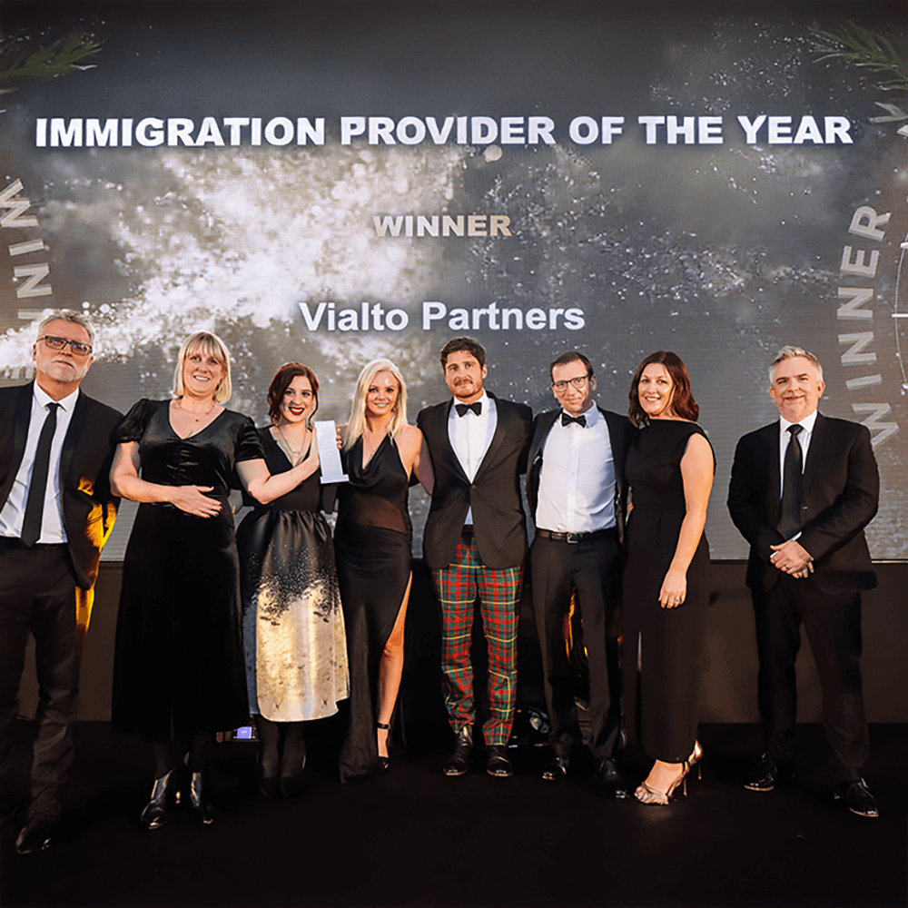 Vialto wins Immigration Provider of the Year at the 2023 EMEA FEM EMMAs Awards.  In this photo: Lindsey Barras, Scherezade Maestre, Claire Pepper, Angus Adamson, Ian Robinson and Aoife Kilmurra